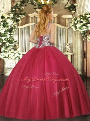 Spectacular Fuchsia Mermaid Beading and Appliques Vestidos de Quinceanera Lace Up Tulle Sleeveless Floor Length