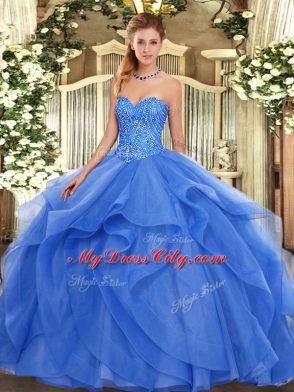 Amazing Blue Tulle Lace Up Sweetheart Sleeveless Floor Length 15th Birthday Dress Beading and Ruffles