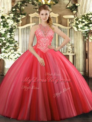 Cute Floor Length Coral Red Sweet 16 Quinceanera Dress High-neck Sleeveless Lace Up