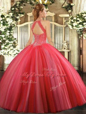 High-neck Sleeveless Quinceanera Gowns Floor Length Beading Hot Pink Tulle