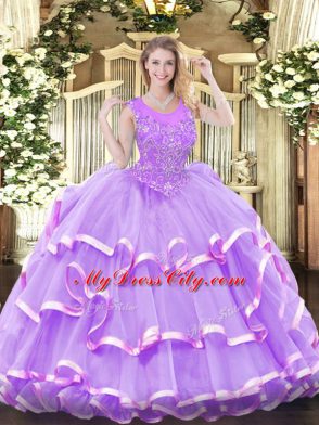 Ideal Floor Length Zipper 15th Birthday Dress Lavender for Military Ball and Sweet 16 and Quinceanera with Beading and Ruffled Layers