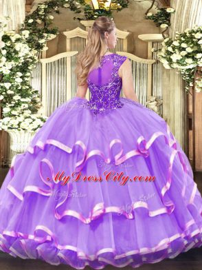 Ideal Floor Length Zipper 15th Birthday Dress Lavender for Military Ball and Sweet 16 and Quinceanera with Beading and Ruffled Layers