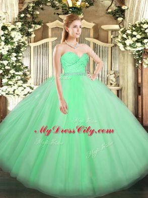 Most Popular Apple Green Zipper Sweetheart Beading and Lace Sweet 16 Quinceanera Dress Tulle Sleeveless