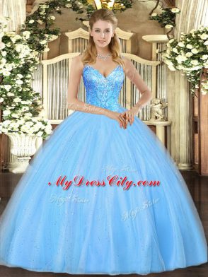 Aqua Blue Ball Gowns V-neck Sleeveless Tulle Floor Length Lace Up Beading Ball Gown Prom Dress