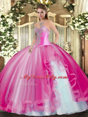 Glorious Fuchsia Tulle Lace Up Quince Ball Gowns Sleeveless Floor Length Beading and Ruffles