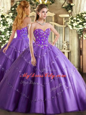 Custom Designed Lavender Lace Up Sweetheart Appliques and Embroidery Quinceanera Gown Tulle Sleeveless