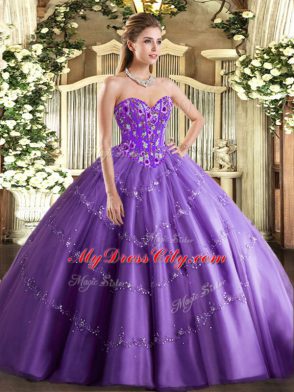 Custom Designed Lavender Lace Up Sweetheart Appliques and Embroidery Quinceanera Gown Tulle Sleeveless