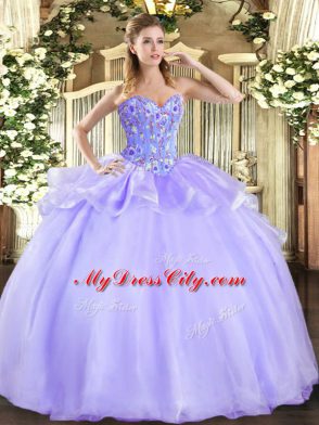 Discount Floor Length Lace Up Quinceanera Gowns Lavender for Military Ball and Sweet 16 and Quinceanera with Embroidery