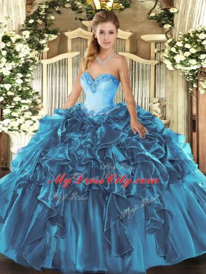 Teal Ball Gowns Beading and Ruffles Quinceanera Dress Lace Up Organza Sleeveless Floor Length