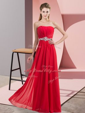 Most Popular Red Lace Up Strapless Beading Prom Dress Chiffon Sleeveless