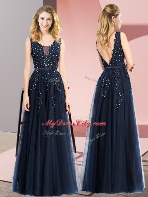 Navy Blue Backless Prom Gown Beading and Appliques Sleeveless Floor Length