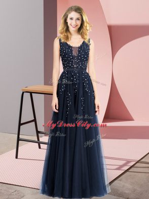 Navy Blue Backless Prom Gown Beading and Appliques Sleeveless Floor Length