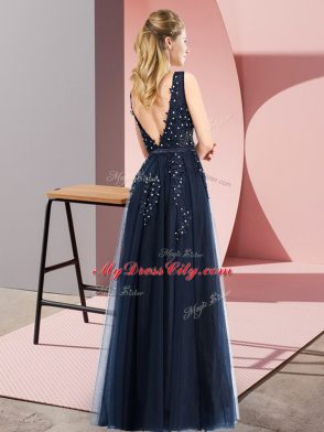 Navy Blue Backless Prom Gown Beading and Appliques Sleeveless Floor Length