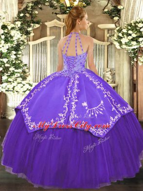 Luxury Ball Gowns 15 Quinceanera Dress Purple Halter Top Satin and Tulle Sleeveless Floor Length Lace Up