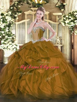 Customized Sweetheart Sleeveless Quince Ball Gowns Floor Length Beading and Ruffles Brown Organza