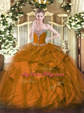 Ball Gowns Quinceanera Dresses Brown Sweetheart Organza Sleeveless Floor Length Lace Up