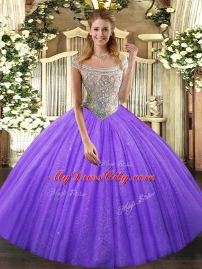 Ball Gowns Sweet 16 Dress Lavender Off The Shoulder Tulle Sleeveless Floor Length Lace Up