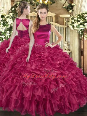 Fancy Fuchsia Lace Up Bateau Ruffles 15 Quinceanera Dress Organza Sleeveless