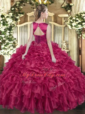 Fancy Fuchsia Lace Up Bateau Ruffles 15 Quinceanera Dress Organza Sleeveless