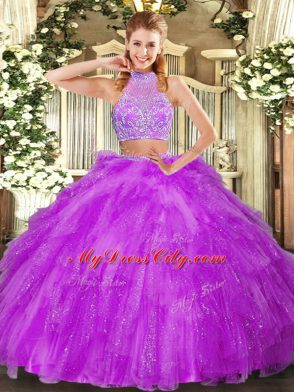 Fuchsia Halter Top Neckline Beading and Ruffles 15 Quinceanera Dress Sleeveless Criss Cross