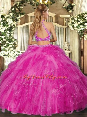 Fuchsia Halter Top Neckline Beading and Ruffles 15 Quinceanera Dress Sleeveless Criss Cross