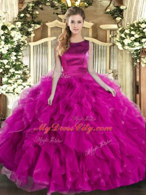 Hot Sale Fuchsia Ball Gowns Tulle Scoop Sleeveless Ruffles Floor Length Lace Up Sweet 16 Dresses