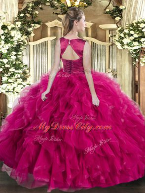 Hot Sale Fuchsia Ball Gowns Tulle Scoop Sleeveless Ruffles Floor Length Lace Up Sweet 16 Dresses