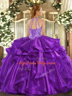 Halter Top Sleeveless Quince Ball Gowns Floor Length Beading and Embroidery and Ruffles Fuchsia Organza