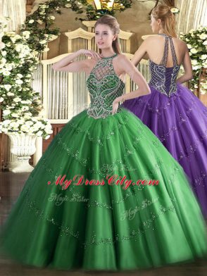 Sleeveless Floor Length Beading Lace Up Sweet 16 Dress with Green