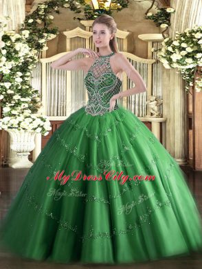 Sleeveless Floor Length Beading Lace Up Sweet 16 Dress with Green