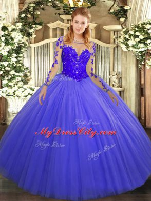 Tulle Long Sleeves Floor Length Quince Ball Gowns and Lace