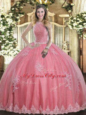 Unique Baby Pink High-neck Lace Up Beading and Appliques Quinceanera Dresses Sleeveless