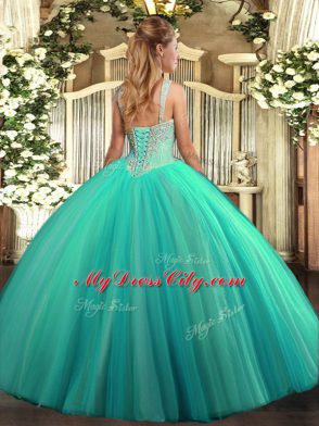 Fitting Sleeveless Tulle Floor Length Lace Up Sweet 16 Dresses in Fuchsia with Beading