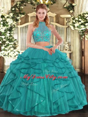 New Arrival Halter Top Sleeveless Tulle Vestidos de Quinceanera Beading and Ruffled Layers Criss Cross