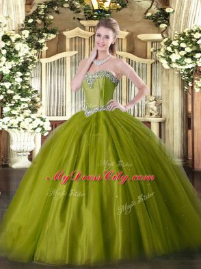 Beading Quinceanera Dresses Olive Green Lace Up Sleeveless Floor Length