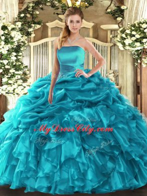 Teal Ball Gowns Organza Strapless Sleeveless Ruffles and Pick Ups Floor Length Lace Up 15th Birthday Dress