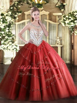 Red Zipper Scoop Beading and Appliques Vestidos de Quinceanera Tulle Sleeveless