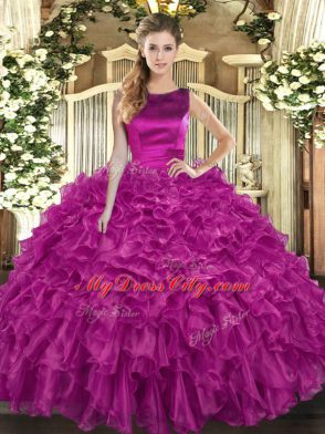 Attractive Fuchsia Organza Lace Up Quinceanera Dresses Sleeveless Floor Length Ruffles