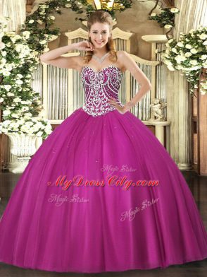 Fuchsia Lace Up 15 Quinceanera Dress Beading Sleeveless Floor Length