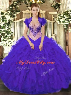 Delicate Organza Sweetheart Sleeveless Lace Up Beading and Ruffles Quinceanera Dress in Purple