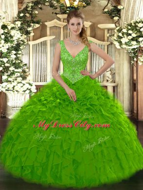 Suitable V-neck Sleeveless Organza Quinceanera Gown Beading and Ruffles Zipper