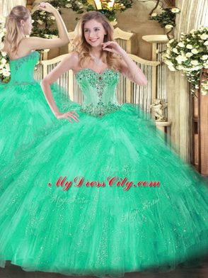 Amazing Apple Green Lace Up Sweetheart Beading and Ruffles Quinceanera Gown Tulle Sleeveless