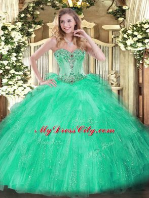 Amazing Apple Green Lace Up Sweetheart Beading and Ruffles Quinceanera Gown Tulle Sleeveless