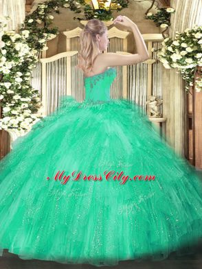 Amazing Apple Green Lace Up Sweetheart Beading and Ruffles Quinceanera Gown Tulle Sleeveless