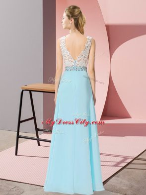 Rose Pink Empire Beading Prom Dresses Backless Chiffon and Lace Sleeveless Floor Length