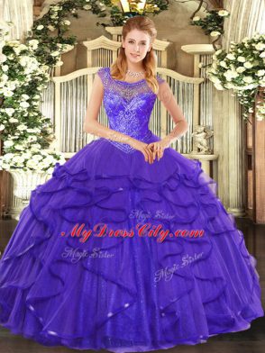 Dazzling Blue Scoop Neckline Beading and Ruffles Quinceanera Gowns Sleeveless Lace Up