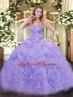 Lavender Lace Up 15th Birthday Dress Appliques and Ruffles Sleeveless Floor Length