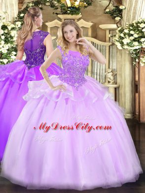 Wonderful Organza Scoop Sleeveless Zipper Beading Sweet 16 Dresses in Lilac