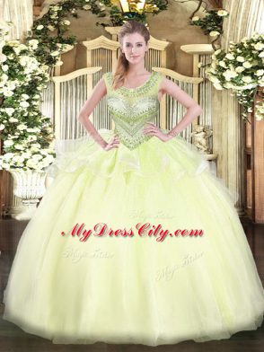 Beading Quinceanera Dresses Light Yellow Lace Up Sleeveless Floor Length