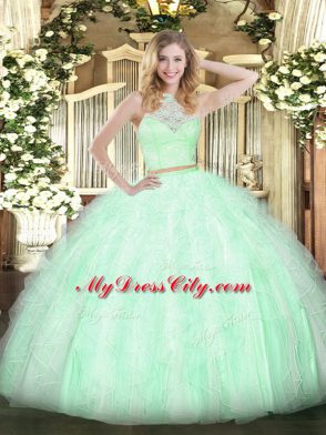 Lace and Ruffles Sweet 16 Dress Apple Green Zipper Sleeveless Floor Length